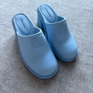 $675 Miu Miu Soft Mules in Celeste Blue